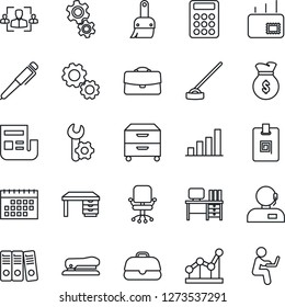 Thin Line Icon Set - office chair vector, desk, hoe, themes, root setup, calendar, case, bar graph, news, identity card, hr, calculator, support, point, paper binder, archive box, pen, stapler, mail
