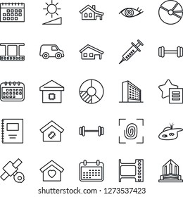 Thin Line Icon Set - office building vector, circle chart, syringe, barbell, eye, satellite, film frame, favorites list, brightness, calendar, copybook, pie graph, house with garage, pond, smart