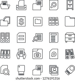 Thin Line Icon Set - office binder vector, document search, receipt, folder, photo gallery, paper, tray, archive box, usb flash