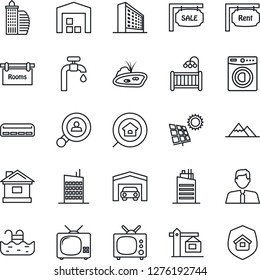 Thin Line Icon Set - office building vector, house, pond, pool, sun panel, water supply, mountains, garage, warehouse, sale, rent, rooms, estate search, client, agent, children room, washer, tv