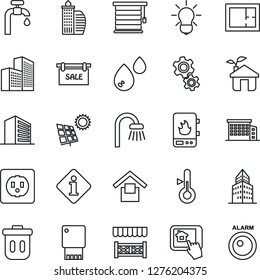 Thin Line Icon Set - office building vector, warehouse storage, sun panel, water supply, plan, sale, bathroom, alcove, eco house, socket, heater, home control app, gear, thermometer, bulb, jalousie