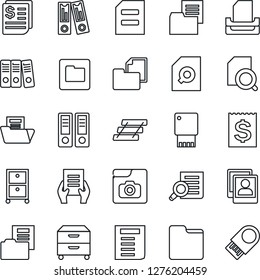 Thin Line Icon Set - office binder vector, document search, receipt, folder, photo gallery, paper, tray, archive box, usb flash