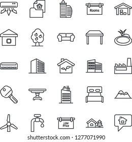Thin Line Icon Set - office building vector, pond, house with tree, windmill, water supply, fruit, mountains, warehouse, estate document, rooms, low price signboard, key, bedroom, table, smart home