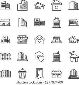 Thin Line Icon Set - Office Building Vector, House, Garden Light, Hospital, Store, With Garage, Fence, Sweet Home, City, Cafe, Eco, Door