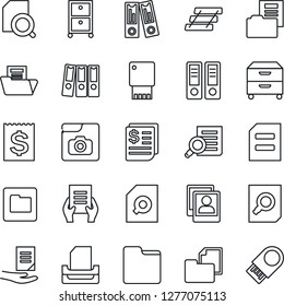 Thin Line Icon Set - office binder vector, document search, receipt, folder, photo gallery, paper, tray, archive box, usb flash