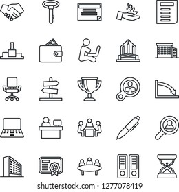 Thin Line Icon Set - office building vector, binder, pen, notebook pc, document, meeting, manager place, consumer search, palm sproute, handshake, wallet, crisis, chair, schedule, certificate, tie