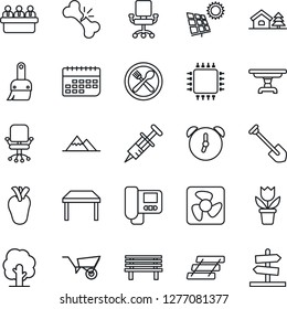 Thin Line Icon Set - office chair vector, meeting, job, flower in pot, tree, wheelbarrow, bench, syringe, real heart, broken bone, term, themes, alarm, paper tray, house with, sun panel, mountains