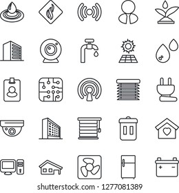 Thin Line Icon Set - office building vector, house with garage, sun panel, water supply, estate agent, sweet home, chip, power plug, fan, irrigation, wireless, web camera, pc, smoke detector, fridge