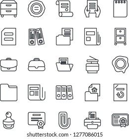 Thin Line Icon Set - office binder vector, notepad, document, reload, stamp, printer, contract, news, folder, paper clip, archive box, copier, estate, case, certificate