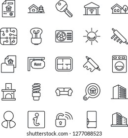 Thin Line Icon Set - office building vector, fireplace, house with tree, plan, estate document, rent, search, agent, key, cushioned furniture, fridge, rolling pin, chip, wireless lock, washer, bulb