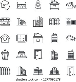 Thin Line Icon Set - office building vector, fence, house, garden light, hospital, store, with garage, plan, sweet home, city, cafe, door