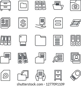 Thin Line Icon Set - office binder vector, document search, receipt, folder, photo gallery, paper, tray, archive box, usb flash
