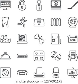 Thin Line Icon Set - office chair vector, calculator, abacus, document, monitor pulse, doctor case, pills, scalpel, run, caries, broken bone, compass, lock, news, paper tray, pool, sale, waiter