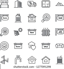 Thin Line Icon Set - office building vector, house, sun panel, windmill, water supply, mountains, plan, sale, rent, rooms, sold signboard, low price, estate search, client, bedroom, moving, heater