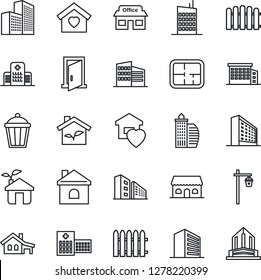 Thin Line Icon Set - office building vector, fence, house, garden light, hospital, store, with garage, plan, sweet home, city, cafe, eco, door