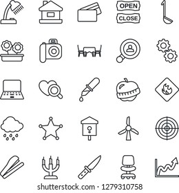 Thin Line Icon Set - office chair vector, notebook pc, rain, bird house, dropper, heart diagnostic, diet, flammable, camera, desk lamp, target, stapler, client search, flower in pot, candle, ladle