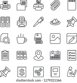 Thin Line Icon Set - office binder vector, pen, notepad, coffee, drawing pin, calendar, printer, receipt, folder document, paper, gallery, notes, cut, clipboard, copybook, clip, search, checklist