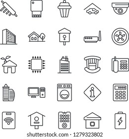 Thin Line Icon Set - office building vector, bird house, phone, with tree, garage, children room, smart home, city, rolling pin, chip, eco, fan, remote control, router, pc, washer, outdoor lamp
