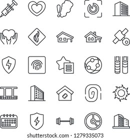 Thin Line Icon Set - office building vector, circle chart, sun, heart, syringe, barbell, hand, satellite, film frame, network, favorites list, protect, eye id, fingerprint, book, house with garage