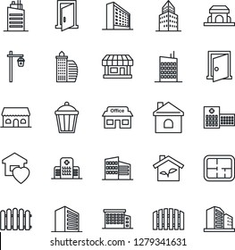 Thin Line Icon Set - office building vector, fence, house, garden light, hospital, store, plan, sweet home, city, cafe, eco, door