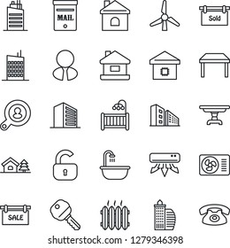 Thin Line Icon Set - office building vector, house, with tree, mailbox, windmill, sale, sold signboard, client search, estate agent, key, lock, children room, table, bathroom, heater, smart home