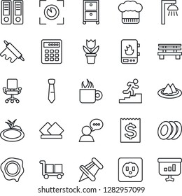 Thin Line Icon Set - office binder vector, stamp, flower in pot, bench, pond, receipt, cargo, speaker, paper pin, tie, archive box, career ladder, serviette, cook hat, coffee, plates, rolling, chair