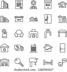 Thin Line Icon Set - office building vector, contract, house with tree, mailbox, sun panel, water supply, garage, warehouse, sale, key, bedroom, table, cushioned furniture, moving, fireplace, fridge
