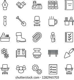 Thin Line Icon Set - office chair vector, job, trowel, boot, bench, blood test vial, group, coffee, copybook, paper clip, ink pen, phone, checklist, manager desk, binder, tie, handshake, stamp, gear