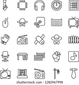 Thin Line Icon Set - office chair vector, abacus, mouse, desk, fence, glove, garden light, real heart, satellite, cargo container, radio, tv, headphones, cut, music, tie, dress code, chip, clock