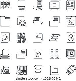 Thin Line Icon Set - office binder vector, document search, receipt, folder, photo gallery, paper, tray, archive box, usb flash