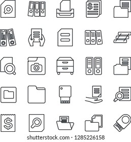 Thin Line Icon Set - office binder vector, document search, receipt, folder, photo gallery, paper, tray, archive box, usb flash