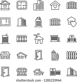 Thin Line Icon Set - office building vector, fence, house, hospital, store, with garage, plan, sweet home, city, eco, door