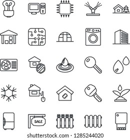 Thin Line Icon Set - office building vector, greenhouse, warehouse, house with tree, sale, key, smart home, estate insurance, control, chip, irrigation, snowflake, air conditioner, pc, water, washer