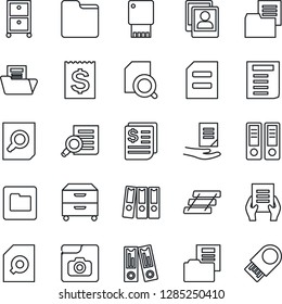 Thin Line Icon Set - office binder vector, document search, receipt, folder, photo gallery, paper, tray, archive box, usb flash