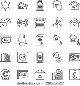 Thin Line Icon Set - office building vector, house with garage, estate document, rent, sold signboard, sweet home, smart, city, alcove, control, eco, socket, power plug, wireless lock, web camera