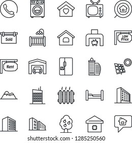 Thin Line Icon Set - office building vector, house, sun panel, fruit tree, mountains, garage, rent, sold signboard, low price, estate search, bedroom, children room, washer, sweet home, fireplace