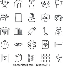 Thin Line Icon Set - office building vector, team, notepad, money bag, pencil, seedling, ambulance car, eye, menu, settings, stopwatch, fingerprint id, blank box, checklist, bedroom, wine card, pass