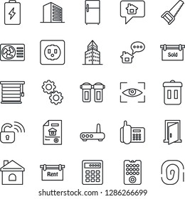 Thin Line Icon Set - office building vector, saw, house, phone, estate document, rent, sold signboard, socket, wireless lock, remote control, router, air conditioner, gear, water filter, jalousie