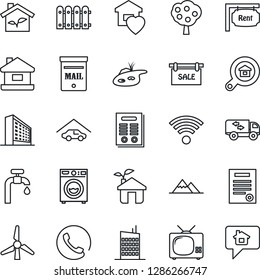 Thin Line Icon Set - office building vector, contract, house, pond, mailbox, windmill, water supply, fruit tree, mountains, garage, fence, sale, rent, estate search, washer, moving, sweet home, tv