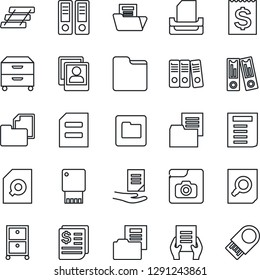 Thin Line Icon Set - office binder vector, document search, receipt, folder, photo gallery, paper, tray, archive box, usb flash