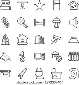 Thin Line Icon Set - office building vector, saw, fireplace, house, rent, key, bedroom, estate insurance, rolling pin, eco, power plug, pc, gear, thermometer, radiator, warm floor, outdoor lamp