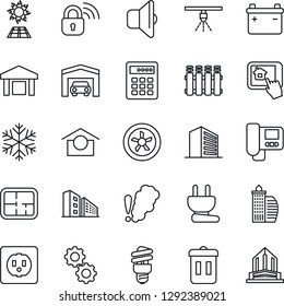 Thin Line Icon Set - office building vector, warehouse storage, garage, plan, socket, power plug, fan, wireless lock, snowflake, intercome, home control app, gear, smoke detector, radiator, sound