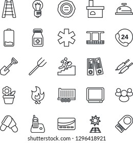 Thin Line Icon Set - office binder vector, bulb, stamp, flower in pot, shovel, farm fork, ladder, fire, fireplace, pills, bottle, ambulance star, 24 hours, truck trailer, film frame, tv, radio phone