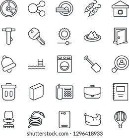 Thin Line Icon Set - office chair vector, tie, job, circle chart, hose, tomography, phone back, bell, brightness, copybook, blank box, pool, client search, key, smart home, serviette, chicken, kebab