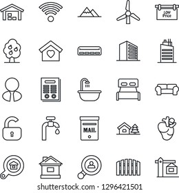 Thin Line Icon Set - office building vector, house, real heart, contract, with tree, mailbox, windmill, water supply, fruit, mountains, warehouse, fence, low price signboard, estate search, client