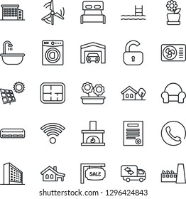 Thin Line Icon Set - office building vector, contract, house with garage, tree, pool, sun panel, windmill, plan, sale, lock, bedroom, bathroom, washer, cushioned furniture, moving, fireplace, phone