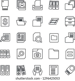 Thin Line Icon Set - office binder vector, document search, receipt, folder, photo gallery, paper, tray, archive box, usb flash