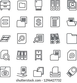 Thin Line Icon Set - office binder vector, document search, receipt, folder, photo gallery, paper, tray, archive box, usb flash