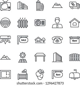 Thin Line Icon Set - office building vector, real heart, house, with tree, sun panel, mountains, fence, plan, sale, rent, estate agent, children room, table, moving, heater, air conditioner, tv