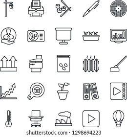 Thin Line Icon Set - office binder vector, factory, seedling, hoe, garden light, seeds, client, up side sign, vinyl, play button, video, monitor statistics, presentation board, chair, printer, pen